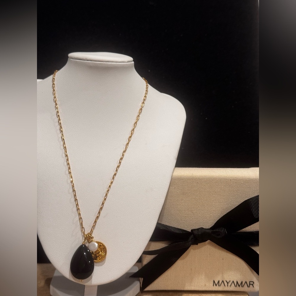 MAYAMAR 24K Gold Plated Coin, Cultured Pearl & 25mm Onyx Charm Necklace 16-19 in